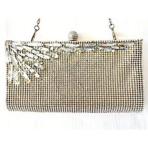 Gold Metal Mesh Evening Clutch Purse Rhinestone Crystal Teardrop Accents Vintage